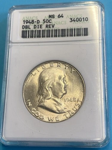 1948-D Franklin Half Dollar - ANACS MS-64 DDR Double Die Reverse Old Holder