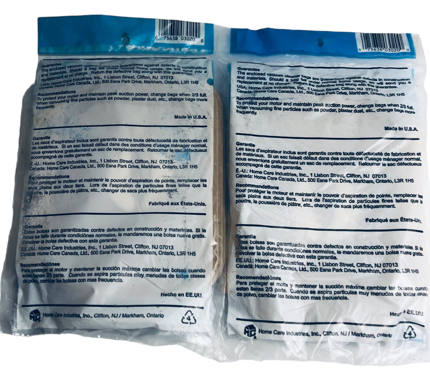 Lot of (2 ) Three pak Home Care Vacuum Bags For Electrolux Canister