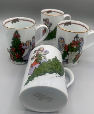 Lot Of 4 Vintage Fitz & Floyd Deck The Halls Christmas Coffee Cups Gold Trim EC