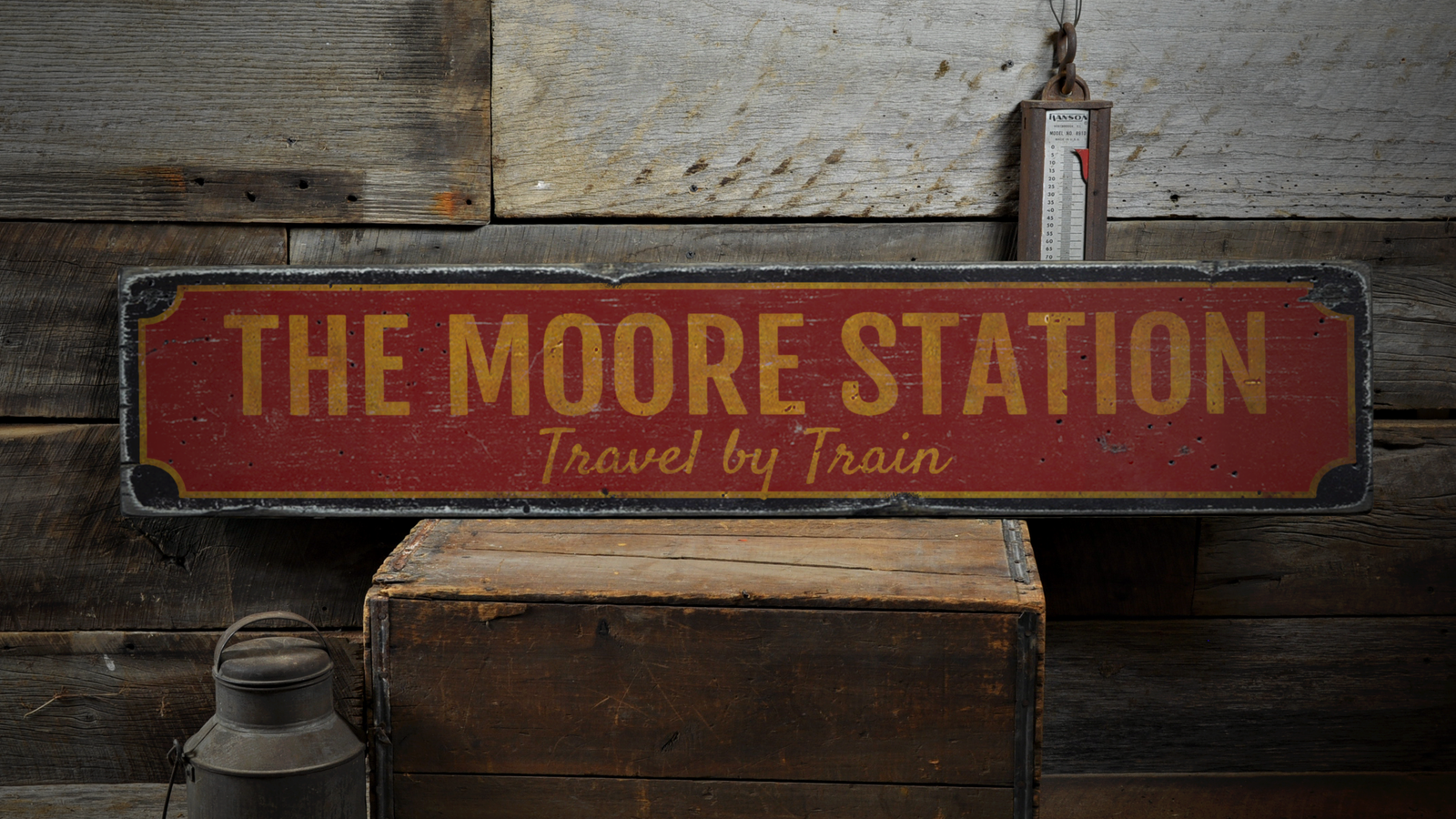 Family Train Station, Custom Last Name - Rustic Distressed Wood Sign