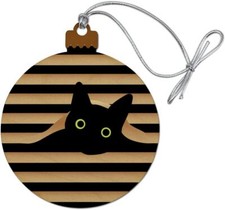 Black Cat in Window Wood Christmas Tree Holiday Ornament