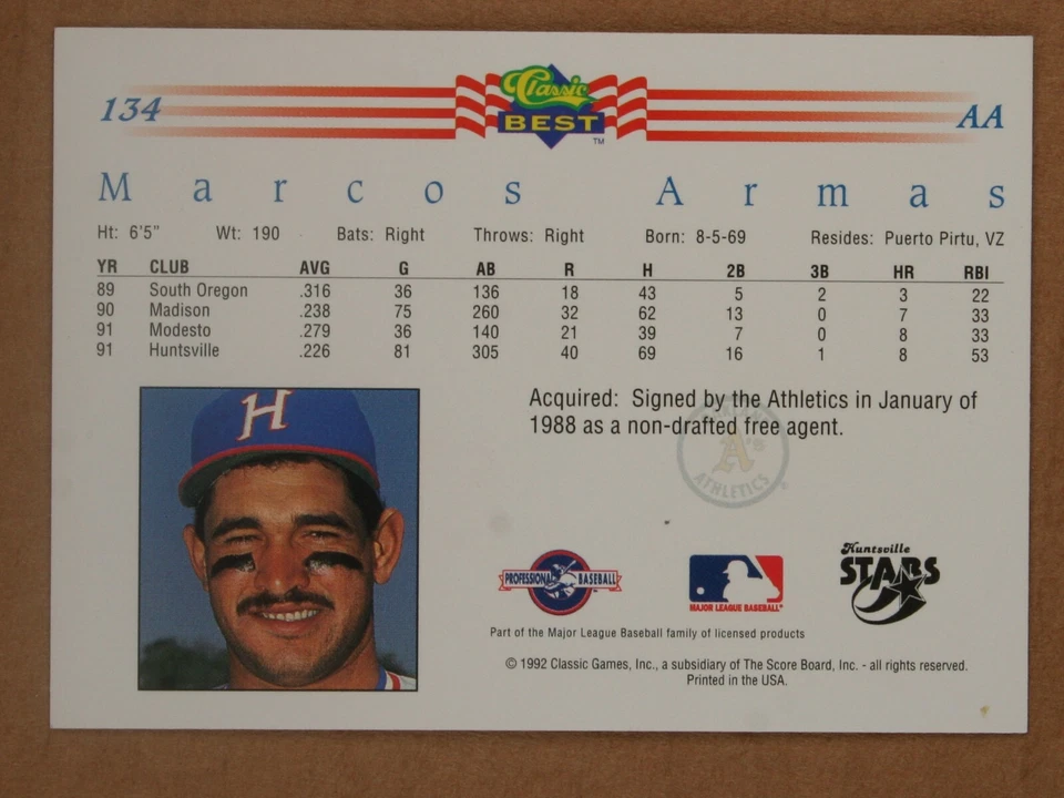 AUTOGRAPHED - Marcos Armas Classic Games #134 Huntsville Stars 1992 AA - Image 2 of 2