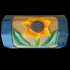 Sunflower Wooden Trinket Box Treasure Chest Hand Carved Hand Painted Rustic 12”
