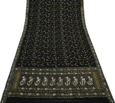 Sushila Vintage HEAVY Black Saree Pure Georgette Hand Beaded Floral Sari Fabric