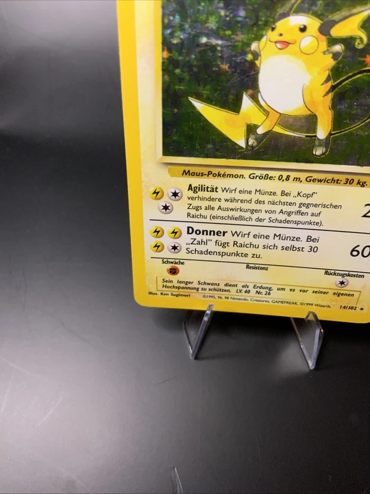 Raichu Holo Base Set 14/102 GERMAN Vintage Pokémon Card 1999 Creased MP WOTC - Image 4 of 4