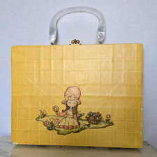Vintage Yellow Wooden Box Purse Lucite Handle Decoupage Girl Mirror Handbag