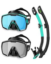 Adult Dry Snorkel Set with Mirrored Lens Anti-Fog 180 Wide View Green Black