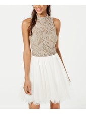 CITY STUDIO Womens Fit + Flare Dress Beige Embellished Halter Party Juniors 3