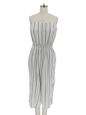 01080 Hem & Thread Striped Strapless Jumpsuit White Blue size Medium bohemian