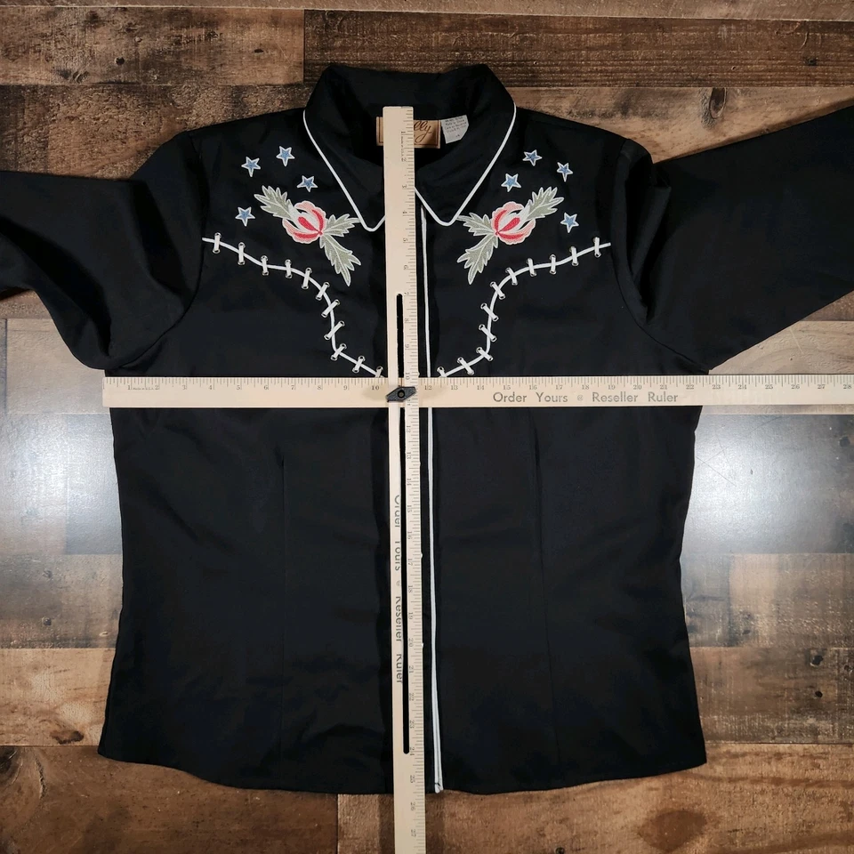 Camisa Scully Western Pearl Snap Feminina XL Preta Esqueleto Tiro Cerveja Rosas Estrela - Imagem 3 de 4