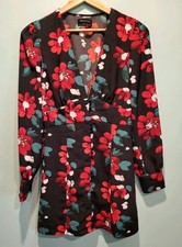 Black Red Floral Babydoll Long Sleeve Deep V Neck Mini Dress Sz M