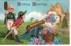 ANTIQUE EMBOSSED BIRTHDAY Postcard   YOUNG SOLDIERS SHOOTING FLOWERS FROM CANNON