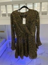 Mango Beige/Black Animal Print Wrap Chiffon Dress V-Neck Long Sleeve Short L