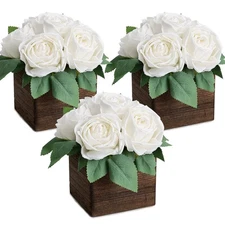 Dining Table Centerpiece Set of 3 - Pre-Made Aritifial Rose with Wooden Vase ...