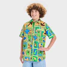 Minecraft All Over Print Short Sleeve Button Up Shirt Large New Mint