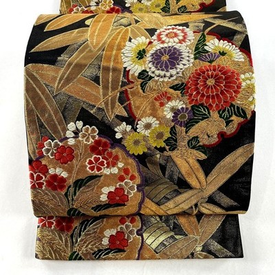 Japanese Kimono,SILK Fukuro OBI,Rokutu,KIKU,GLD/SIL threads,BK,L13' 10''..4611