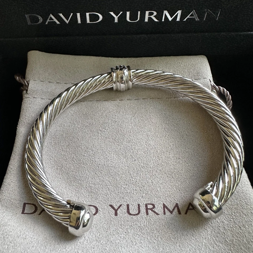 David Yurman Sterling Silver 7mm Pave Black Diamond Cable Cuff Bracelet SZ:M - Image 3 of 4