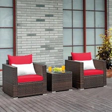 Patiojoy 3PCS Patio Rattan Furniture Set Conversation Sofa Cushioned Table Red