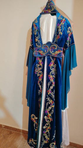 4-Piece Royal Blue Velvet Moroccan Kaftan Dress Hand Beaded Embroidered Gown