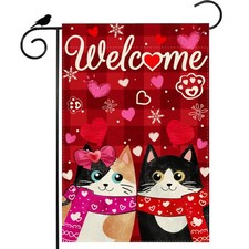 Welcome Valentine  s Day Garden Flag Romantic Love Heart Couple Cats Paw Yard Fla