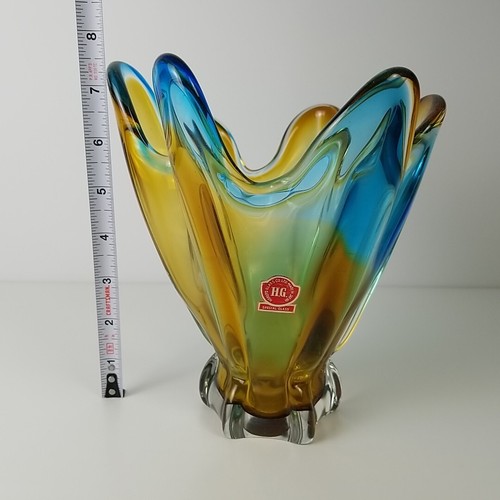 Vintage Hokuyo HG Art Glass Vase Bowl Blue Amber Fingers Japan 7.5 Inch Tall - Picture 8 of 10