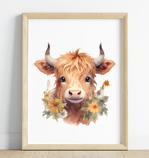 Cow Art Print, Highland Cow and Wildflowers Art Print, Farmhouse Wall Art Decor