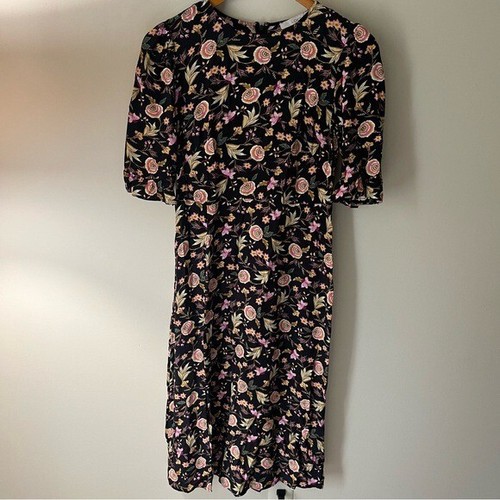 Loft Größe 6 Herbst Blumen Rüschenärmel Midi Rose Kleid QQ4
