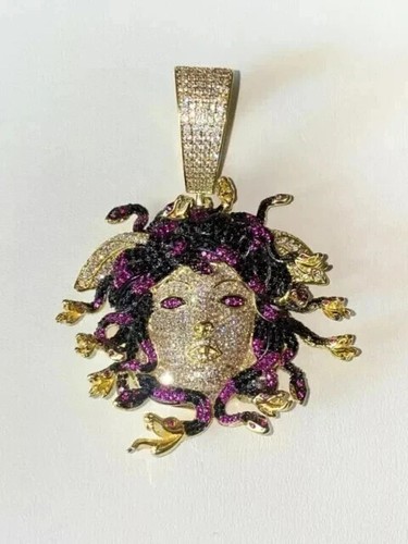 3.00Ct Round Real Moissanite Medusa Head Men's Pendant 14K Yellow Gold Plated - Picture 5 of 6