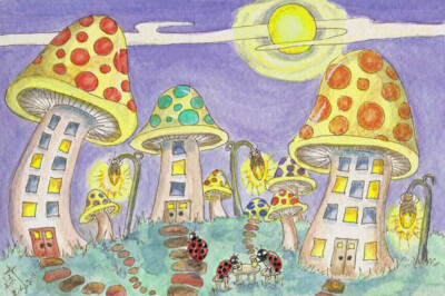 Fire Fly lamp Ladybug House EBSQ Kim Loberg Post Card mini Art Mushroom Bug TOWN
