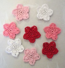 Crochet Flower Motif Applique Embellishment Red Pink White 8 Pcs Scrapbook