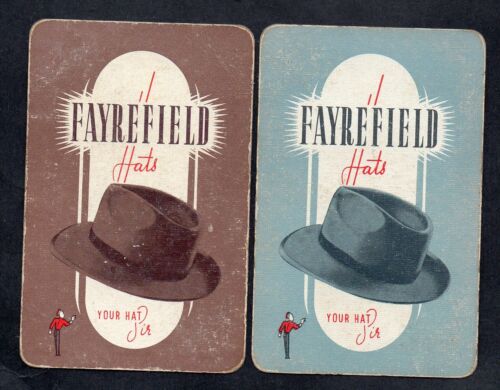 #950.1204 vintage swap card -FAIR pair- Advert. Fayrefield Hats - Picture 1 of 1