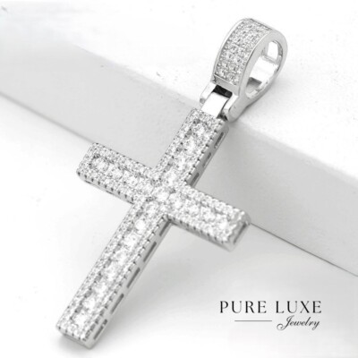 Men's 925 Sterling Silver CROSS 48mm Cubic zirconia Charm*Box