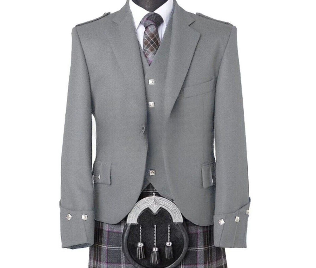 Men's Grey Argyle Kilt Jacket With Vest 100% Wool Highland Wedding
