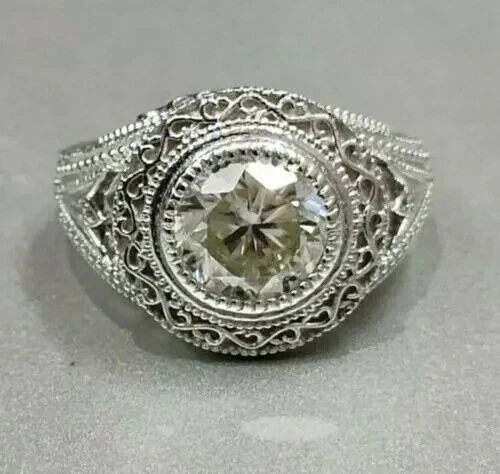 14K 2 CT Round Cut Moissanite Halo Milgrain Engagement Ring White Gold Plated - Picture 1 of 6