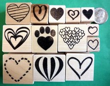 Heart/Love/Valentine wood mounted rubber stamp set of 13 