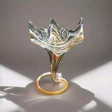 Vintage Murano Style Hand-Blown Art Glass Vase Tan Cream White Swirl Pattern (B)