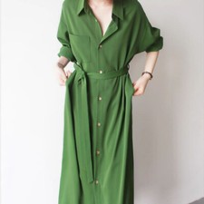 Womens Green Long Sleeve Lace-Up Shirt Over Knee Dress Single Breasted Office