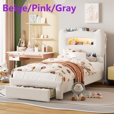 LED Twin Bed Frame Upholstered Platform w/ Storage Headboard for Kids Girls Boys