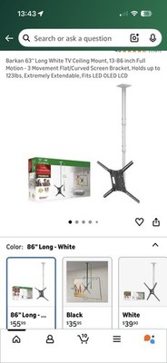 Barkan 63'' Long White TV Ceiling Mount, 13-86 inch Full Motion - 3 Movement ...