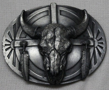 Vintage 1986 Siskiyou Bull Skull Feather Belt Buckle Silver U-40 Made in USA