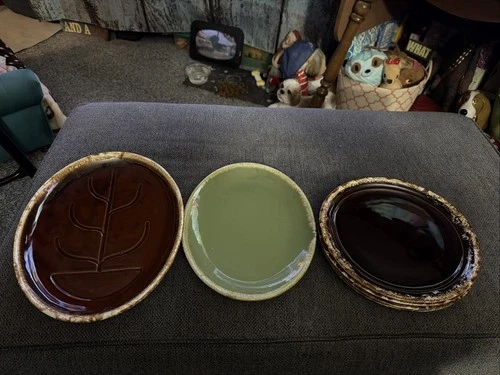 Vintage USA Brown Drip Oval Serving Platter,  Hull Platter And 4 Monmouth Plates