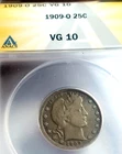 1909 O BARBER QUARTER ANACS VG10 LOOKS FINE 12