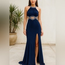 Blondie Nites dress Navy blue & teal form fitting Maxi dress with leg slit SZ 3