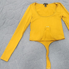 Forever 21 Yellow Solid Long Sleeve Women's Bodysuit One Piece Size L