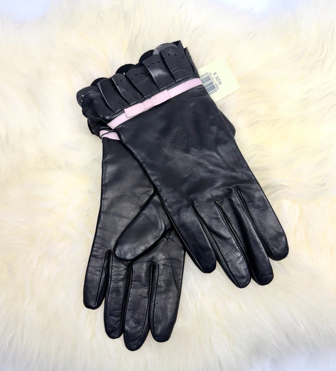 Lord & Taylor Black Leather Gloves Size 8 Pink Trim Bow Scalloped Cuff NWT Vtg