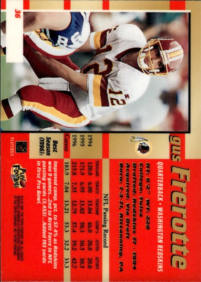 1997 Bowman's Best #36 Gus Frerotte Washington Redskins - Image 2 of 2
