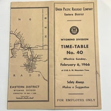 Union Pacific Railroad Company Time Table #40 Eastern Dis Wyoming Division 1966