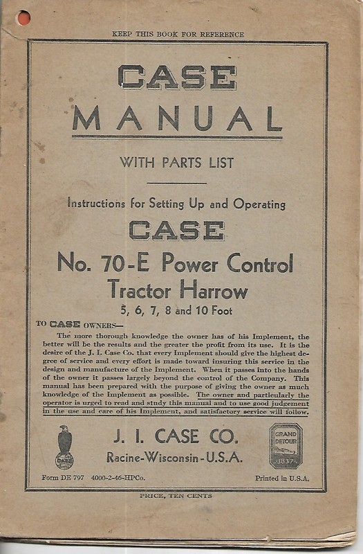 Original Case No.70 Power Control Tractor harrow Instructions