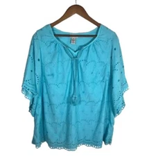 Catherines Womens Eyelet Blouse Top Size 0X Turquoise Blue Butterfly Sleeve Boho