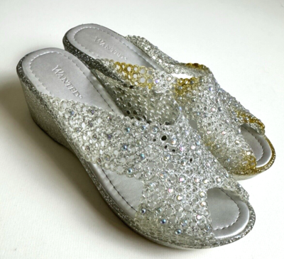Vintage Women's Silver Glitter Jelly Plastic Clog Sandals Heels